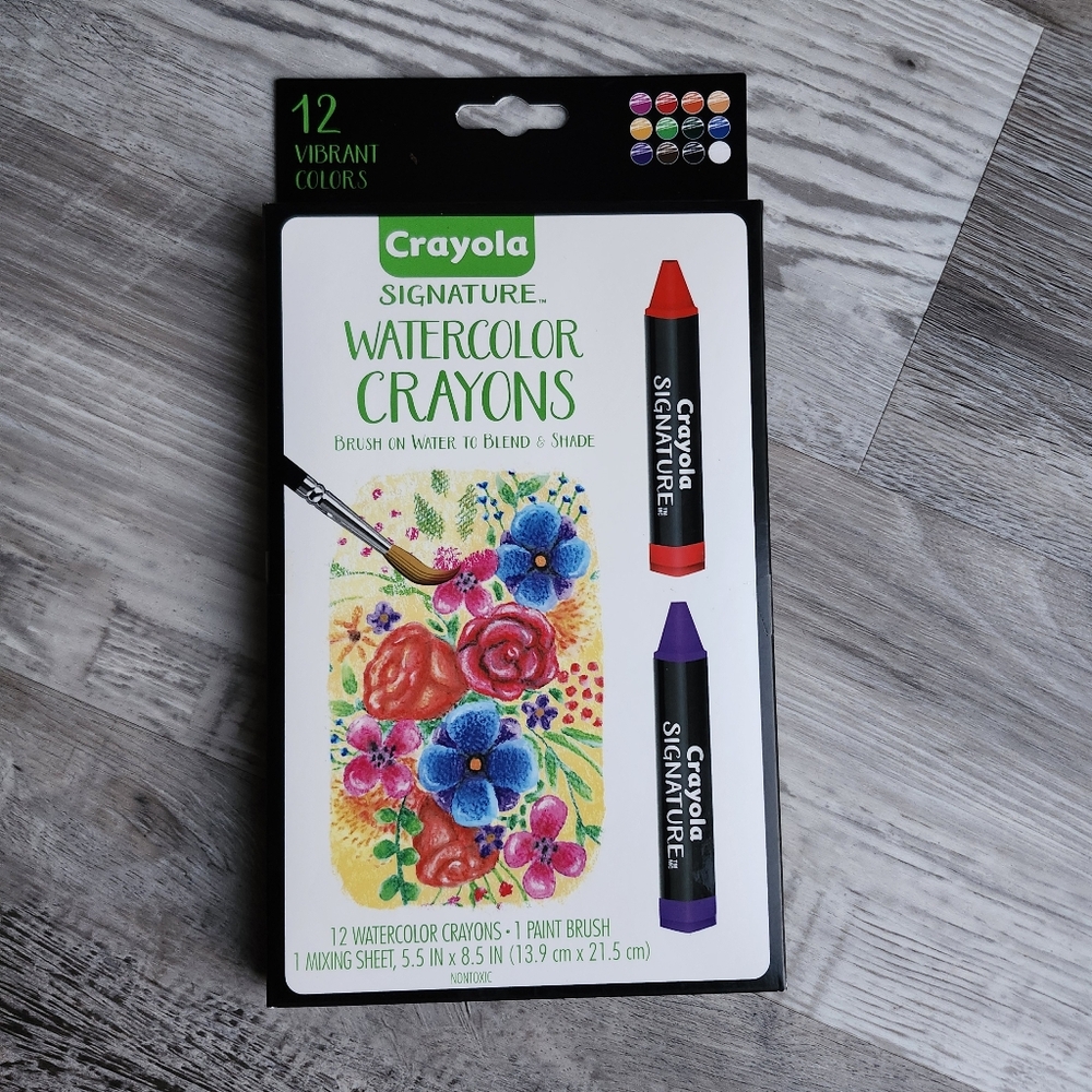 Crayola Signature Watercolor Crayons 12 Colors w Brush & Mixing Sheet NIB Artist